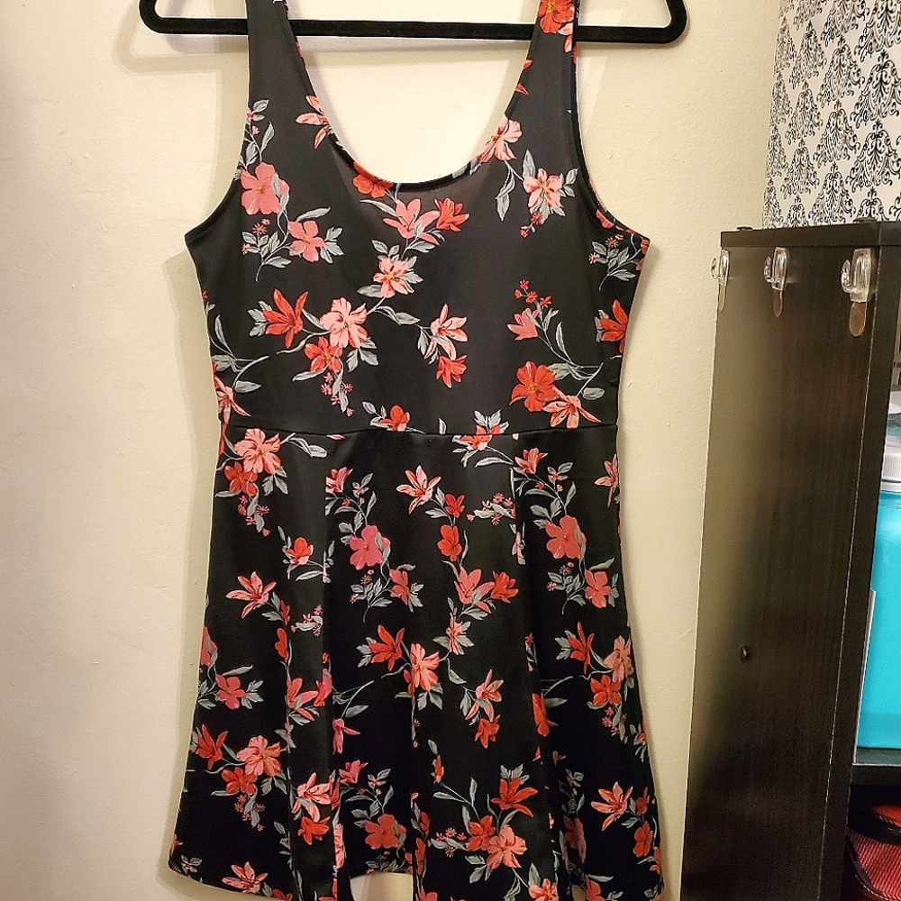 Black and Pink Floral Skater Dress